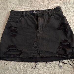 Hollister Black Distressed Denim Mini Skirt with Frayed Hem